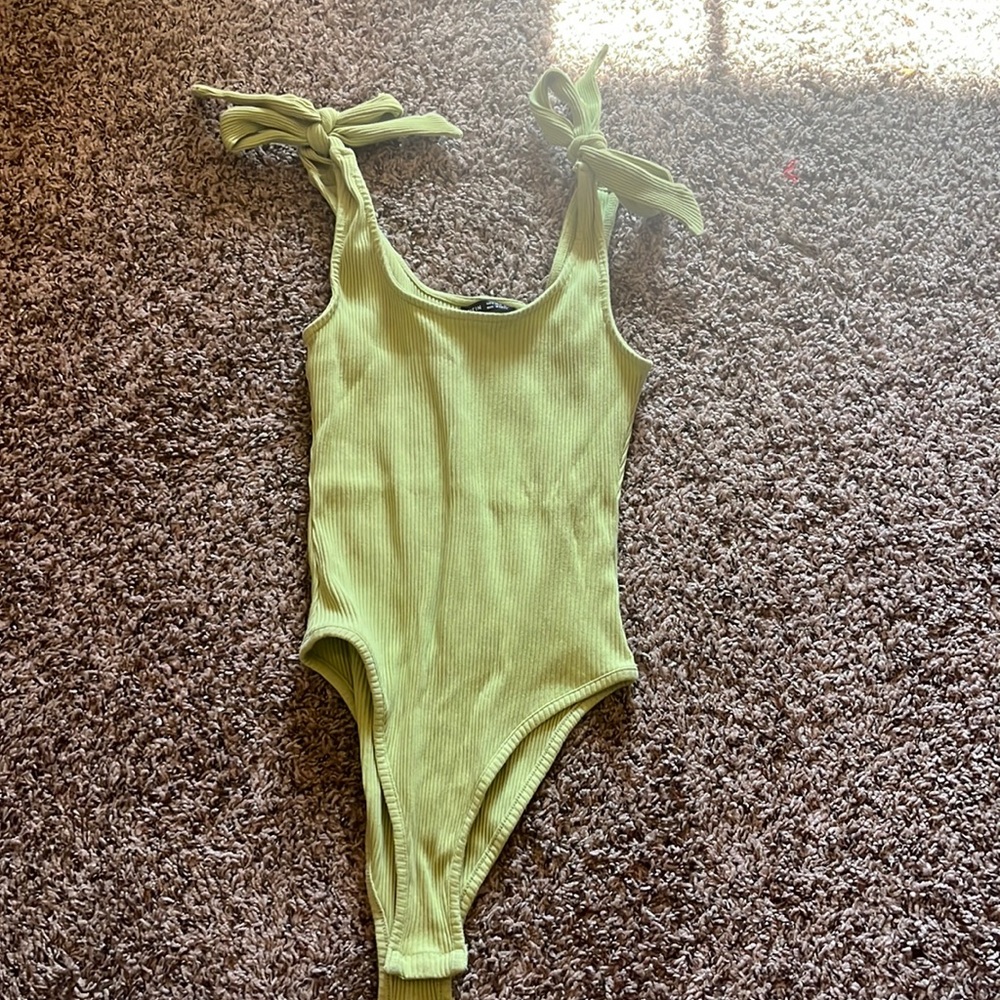 Green Ribbed Bodysuit with Ribbon Tie Straps